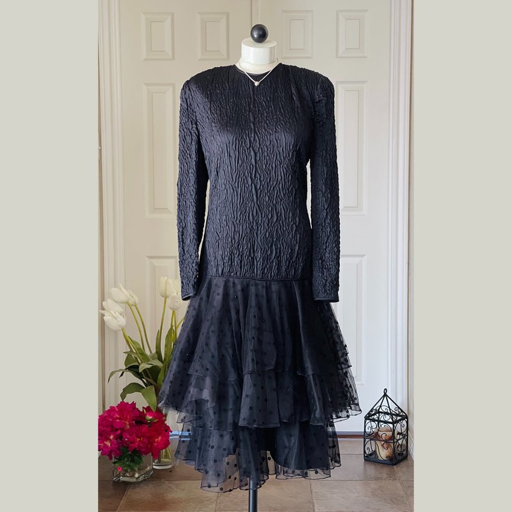 Vintage Rina diMontella Black Tiered Ruffles Cocktail and Party Midi Dress